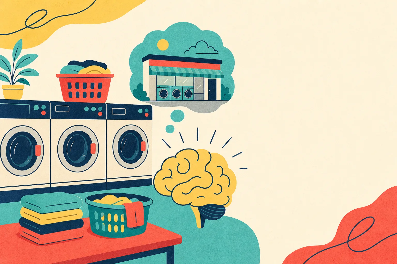 Flat illustration for the article "Are You Mentally Up to Buying a Laundromat".