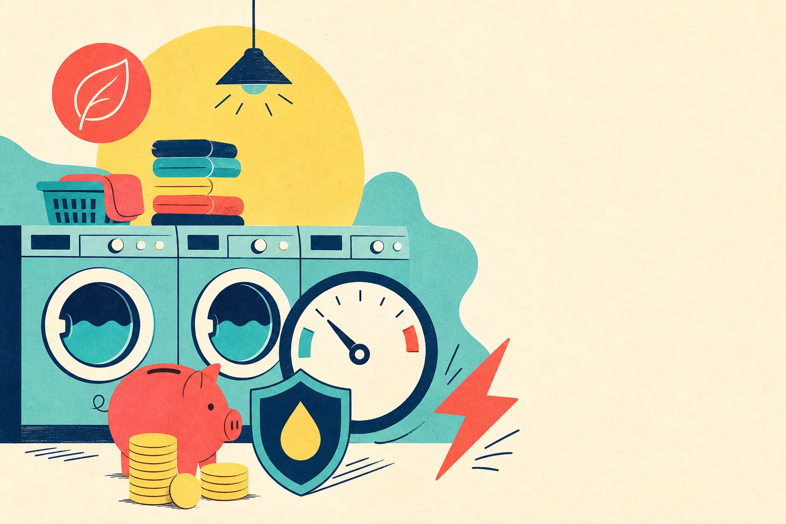 Flat illustration for the article "Laundromat Energy Efficiency Claims Exaggerated".