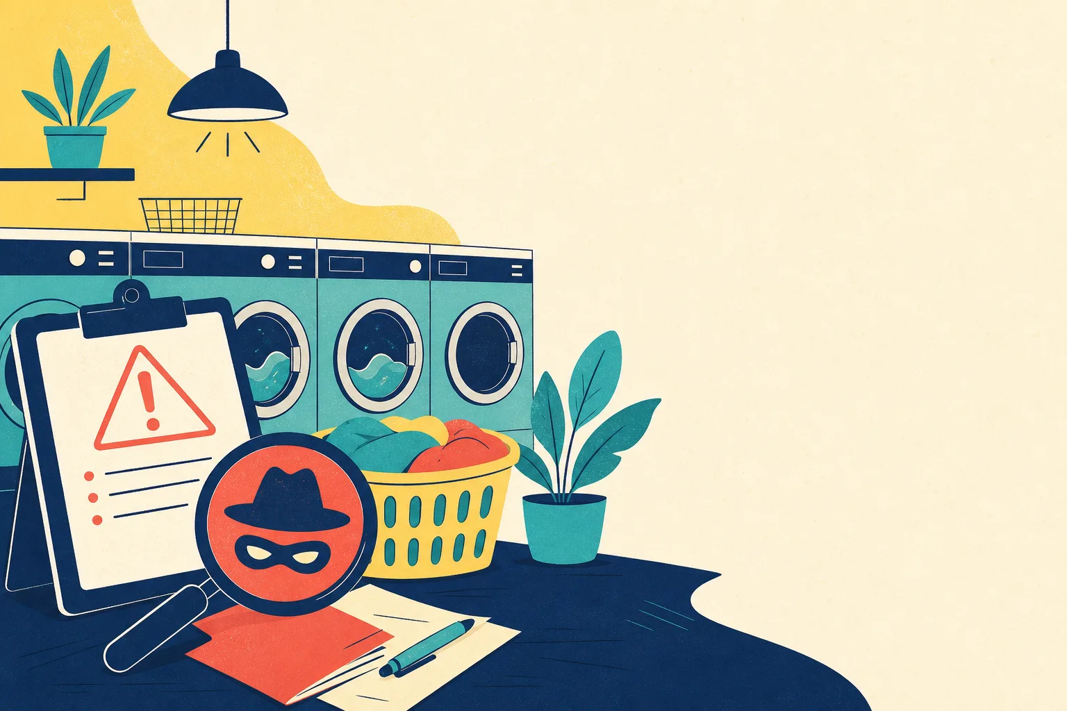 Flat illustration for the article "Recognizing Unscrupulous Laundromat Consultants".